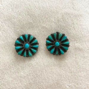 Vintage ZUNI TURQUOISE PETIT POINT SNAKE EYE CLIP-ON STERLING SILVER EARRINGS